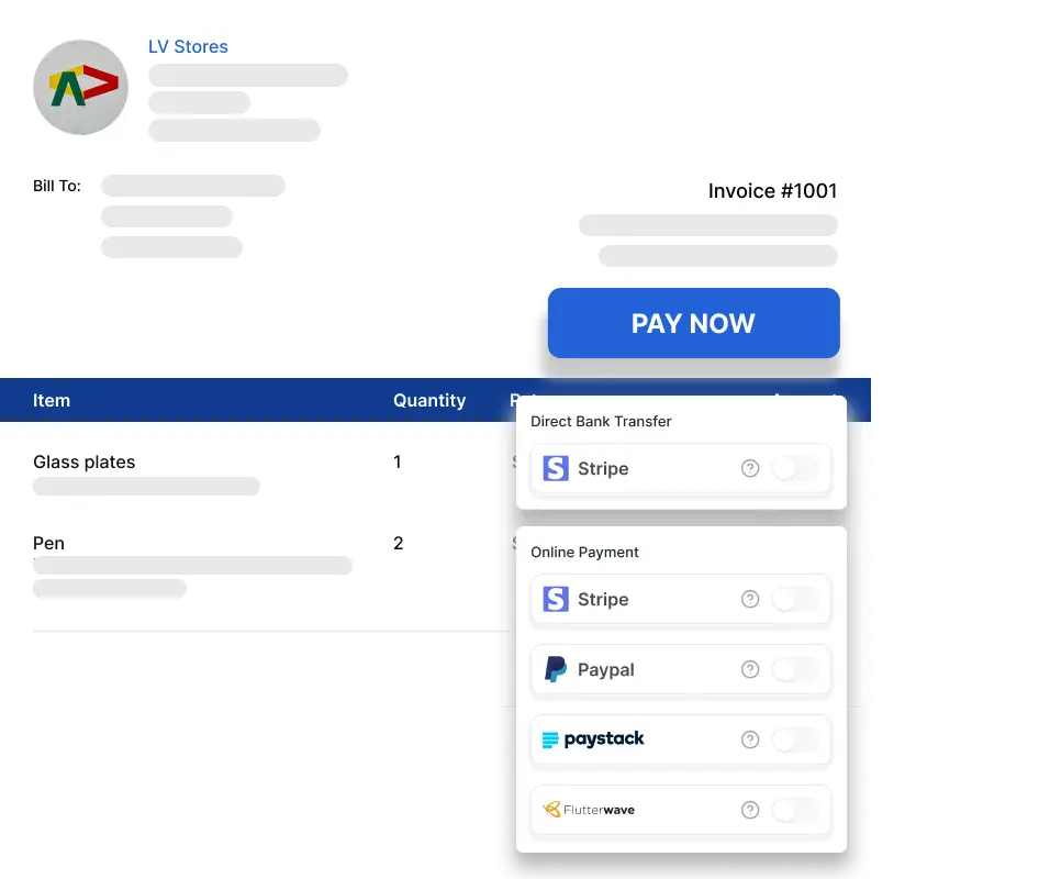 Screenshot of Vencru's Invoice generator software with online payment gateway (Stripe, Paypal, Paystack, Flutterwave)