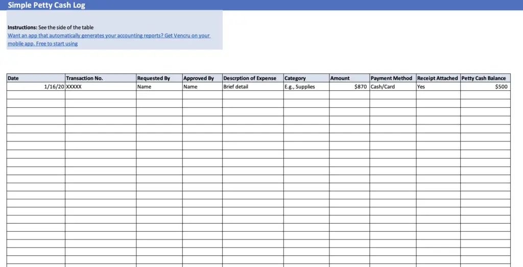 Petty Cash Log Template